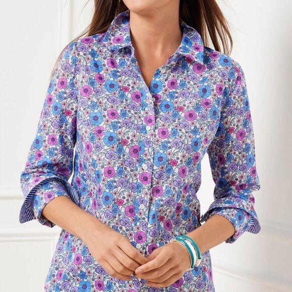 TALBOTS L White Blue Purple Poppy Ditsy Long Sleeve Modern Classic Cotton Shirt - Picture 3 of 15